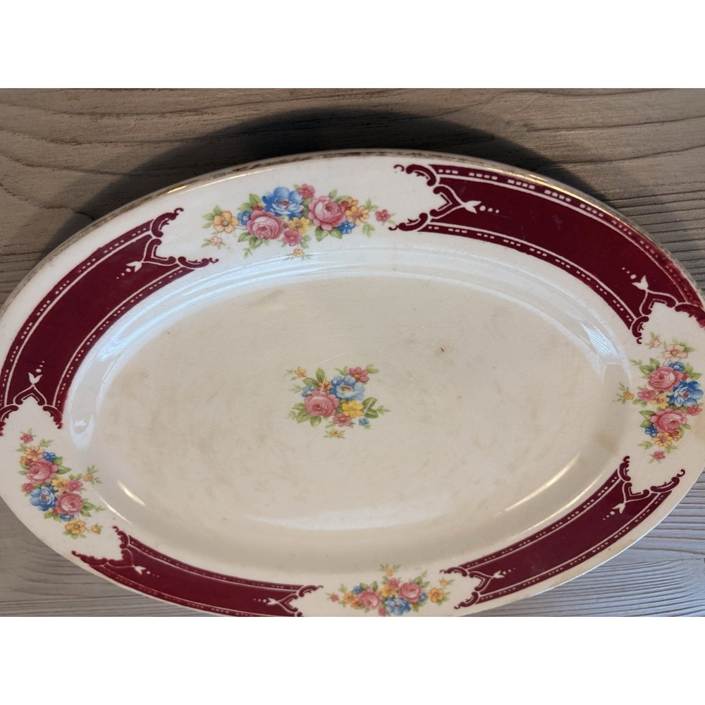 Homer Laughlin Oval Floral Platter White/Burgundy Ceramic K 43 N 6